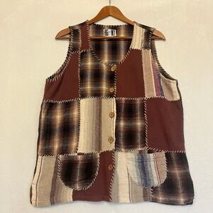 HG NY Women's Patchwork‎ Plaid Vest Cotton Button Front Layering Piece Vintage M